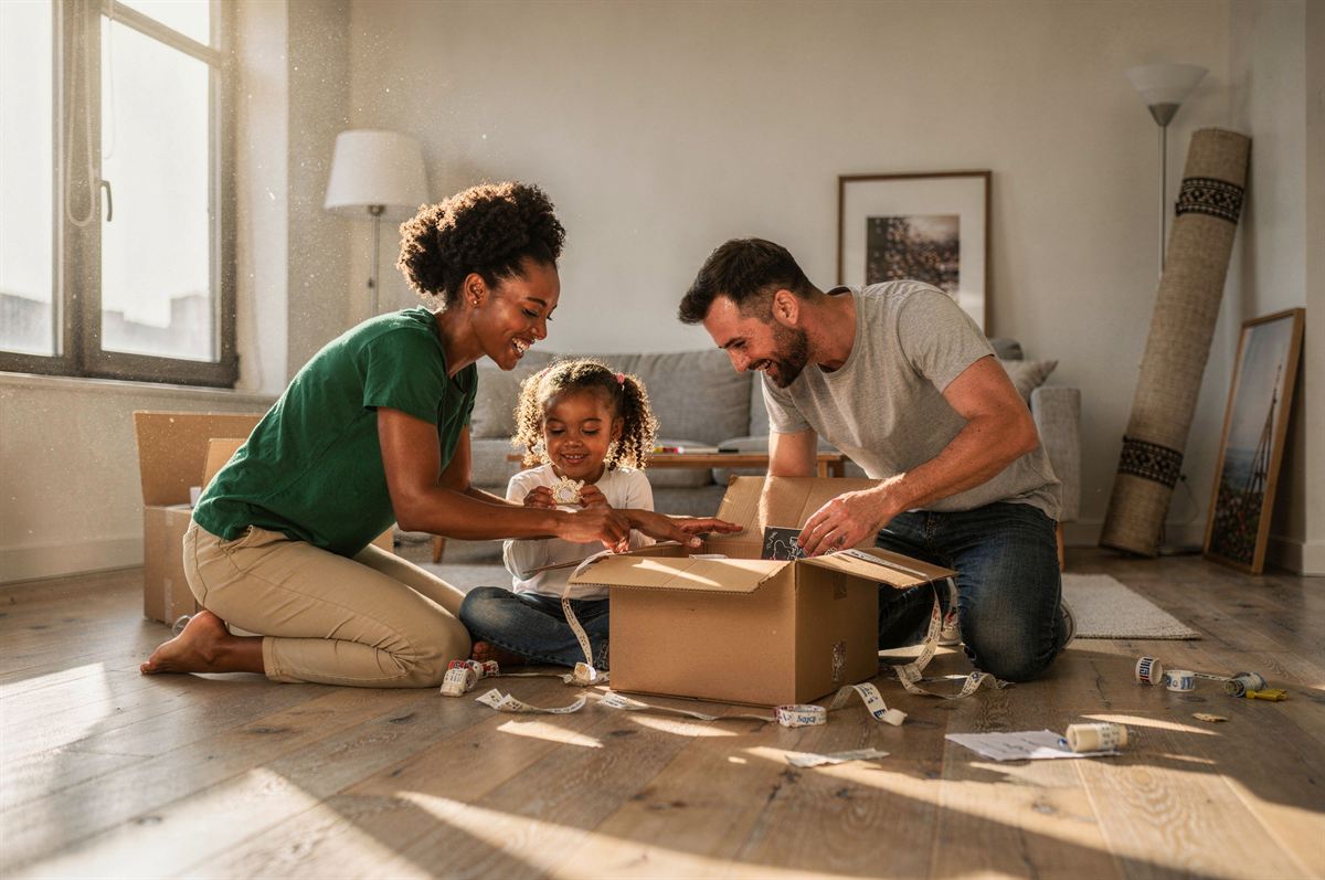 Parents and their young daughter unpacking a moving box together in a bright living room.