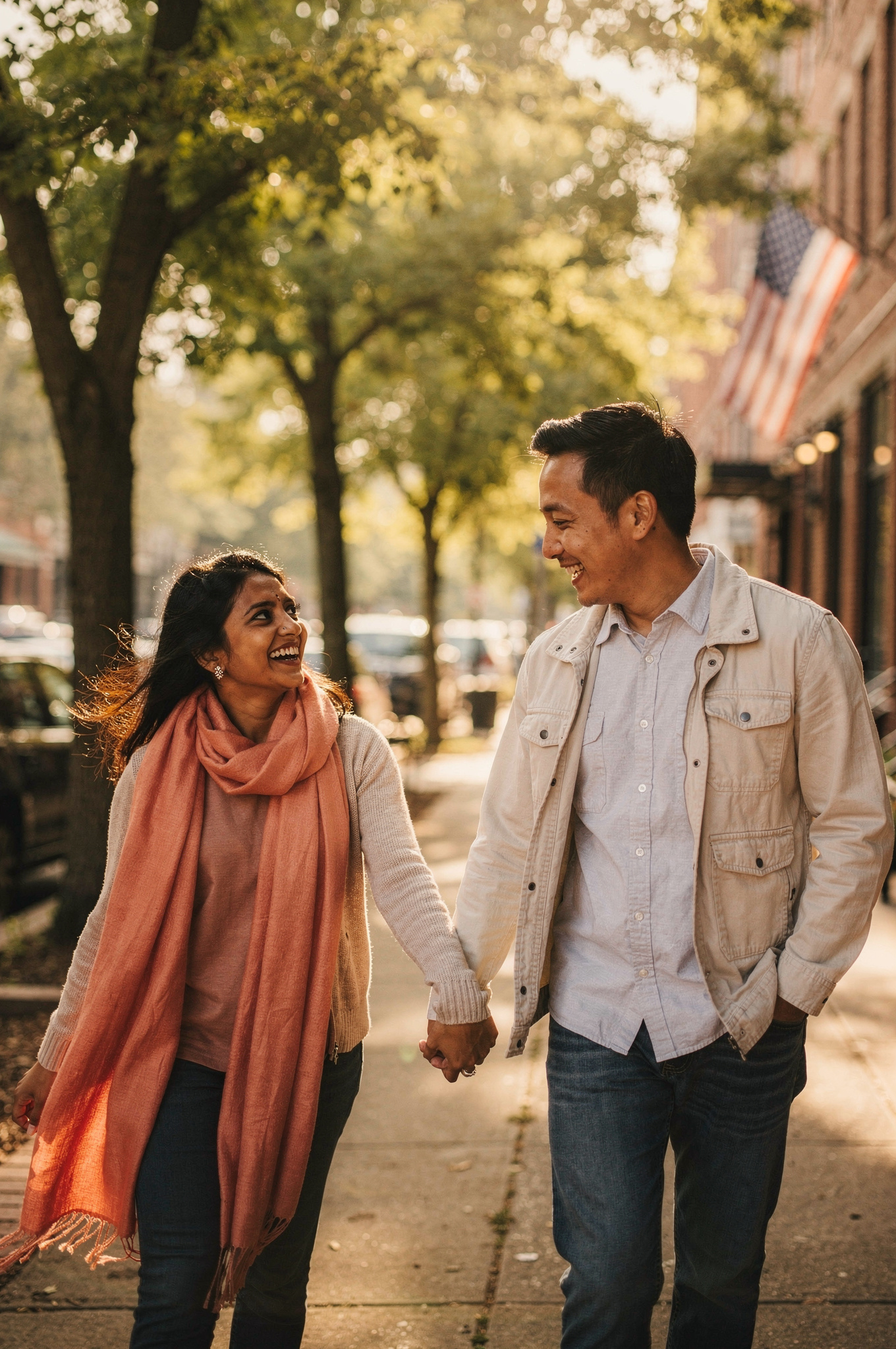 A couple holding hands and laughing while walking down a tree-lined city street.