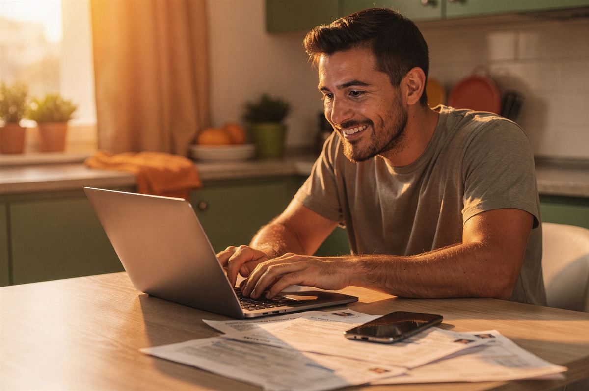 A man at a kitchen table at golden hour, smiling at a laptop with forms and a phone on the table.
