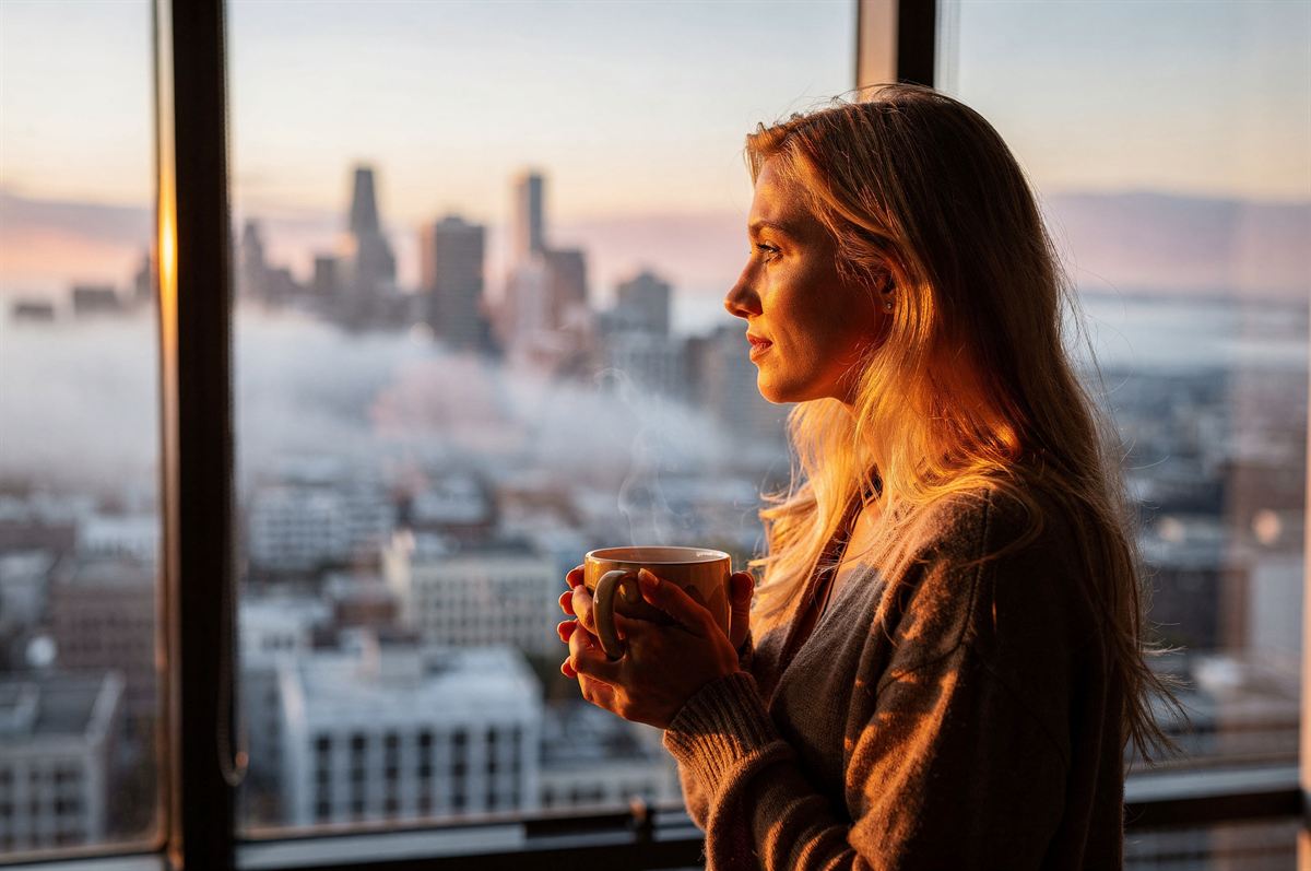 A woman holding a steaming mug looks out floor-to-ceiling windows at a fog-wrapped city skyline at sunrise.